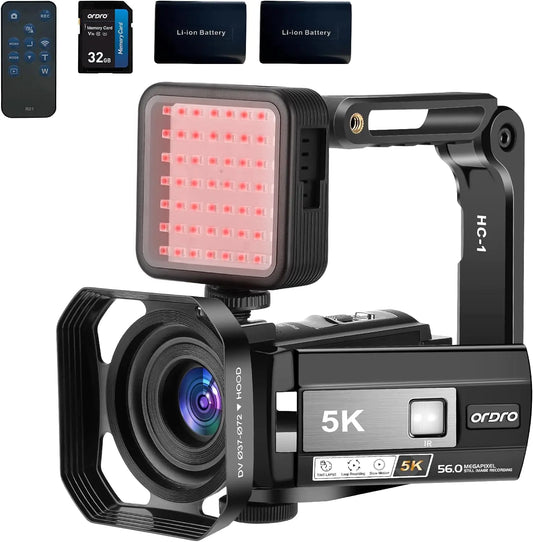 ORDRO 5K Night Vision Camcorder 30MP 24FPS Vlogging Camera 3.0" IPS Touch Screen Digital Camera with IR LightRemote Control Handheld Holder32G Memory Card